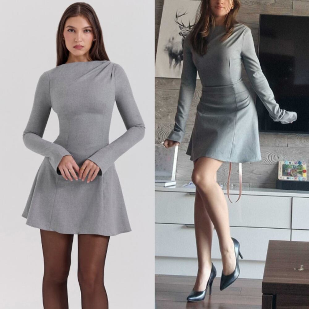 House of CB Angelique Grey A-Line Long Sleeve Mini Dress XS Academia Old Money